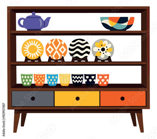 Modern flat design decorative tableware set featuring colorful plates and cups on a wooden shelf for kitchen and home decor