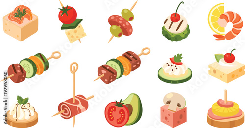 Gourmet Appetizer Vector Collection with Skewers, Salmon, Shrimp, Cheese Cubes and Fresh Canape Snacks Set