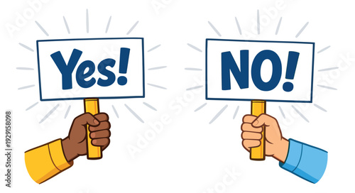 Hand drawn cartoon signs set featuring yes and no messages held by diverse hands for expressing agreement or disagreement