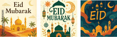 Eid Mubarak Greeting Card Collection with Mosques, Lanterns, Crescent Moon, and Festive Decorations | Multicolor Designs Vector set Art.