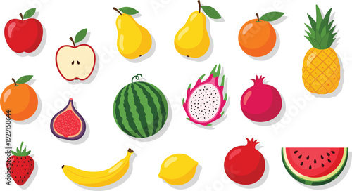 Colorful Fresh Fruit Vector Icon Set with Apple Pear Pineapple Watermelon Banana and Tropical Collection