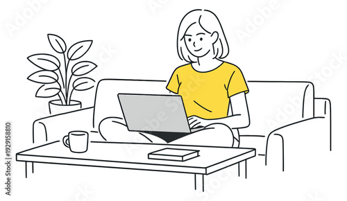 Hand drawn line art illustration of a woman depicting working from home with a laptop for remote work
