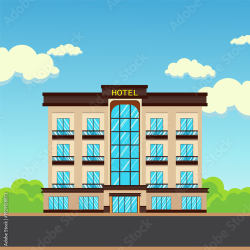 Modern Hotel Building Exterior Flat Design Vector Illustration