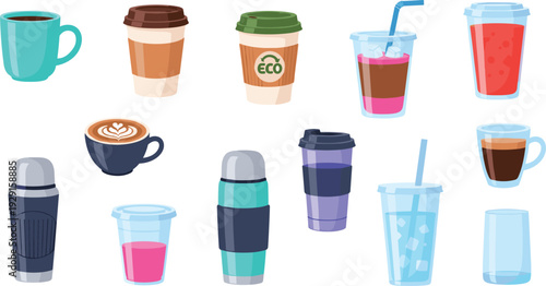Coffee and Cold Drink Vector Set with Takeaway Cups, Latte, Smoothies, Thermos and Refreshing Beverages Collection