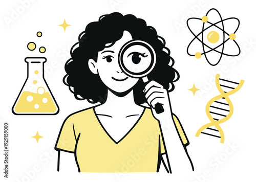 Line art illustration of a woman depicting scientific discovery for education and research