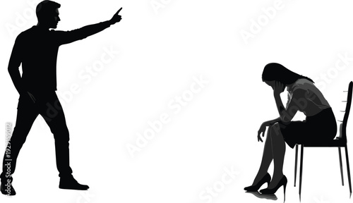 Man pointing at woman sitting in chair with head in hand silhouette