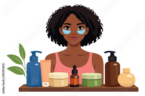 Modern flat design illustration of an African American woman depicting a skincare routine with various beauty products for cosmetic promotion