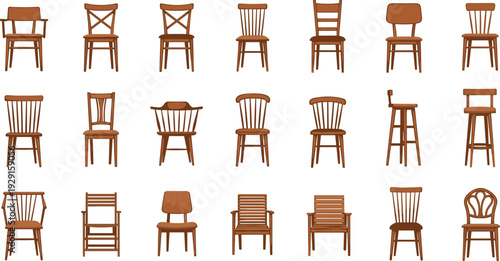 Classic Wooden Chair Vector Collection Featuring Dining, Ladder Back, Cross Back and Rustic Farmhouse Furniture Designs Isolated on Background