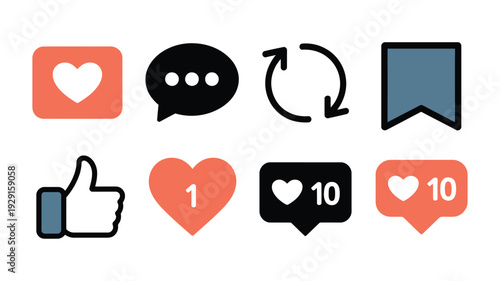 Social Media Icons Featuring Like, Comment, Share, and Save Interaction Symbols in Colorful Modern Elegant High Quality Detailed Design.