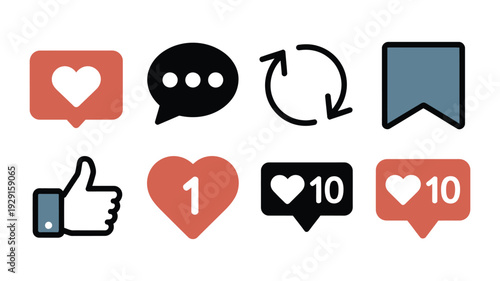 Social Media Icons Featuring Like, Comment, Share, and Save Interaction Symbols in Colorful Modern Elegant High Quality Detailed Design.