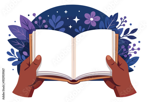 Modern flat illustration of hands holding an open book depicting a world of stories for literature and education concepts