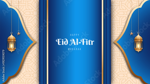 Luxury Blue and Gold Eid Al-Fitr Mubarak Background with Islamic Geometric Pattern and Hanging Lanterns