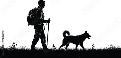 Man walking dog with backpack and trekking poles in black silhouette on white background hiking
