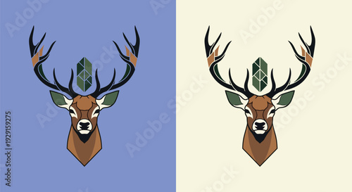 A graphic illustration of a deer head with antlers and leaves on a blue and beige background