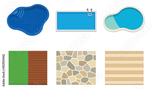 Flat design architectural elements set featuring three swimming pools and various ground textures for landscape planning