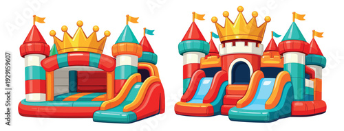 Playful cartoon inflatable castle set featuring two designs with slides and flags for kids' parties and amusement events