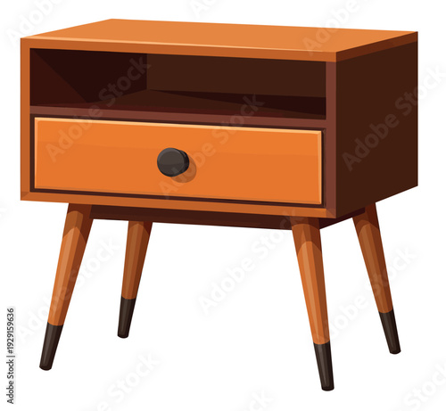 Cartoon style illustration of a nightstand depicting a single drawer and open shelf for home interior design