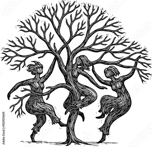 Tree branches shaped like dancing figures vintage woodcut linocut textured carved vector illustration