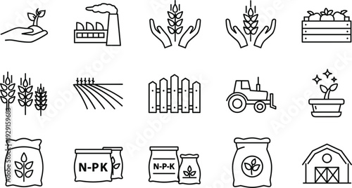  Minimalist Line Art Agriculture and Farming Icons Vector Set with Planting Wheat Tractor Fertilizer NPK Bags Barn and Harvest for Organic Farm and Crop Designs