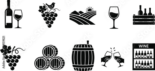Set of wine icons including bottles, glasses, grape bunches, vineyard landscapes, wooden barrels, and wine cellar storage for luxury branding