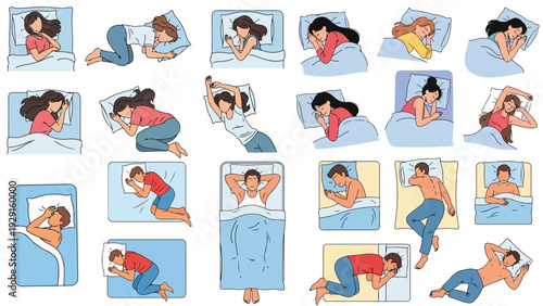 People Sleeping in Bed Poses Vector Illustration, Various Bedtime Positions and Sleep Styles for Restful Night's Sleep.