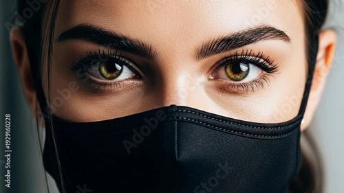 Close-up of a woman with striking eyes wearing a black mask.