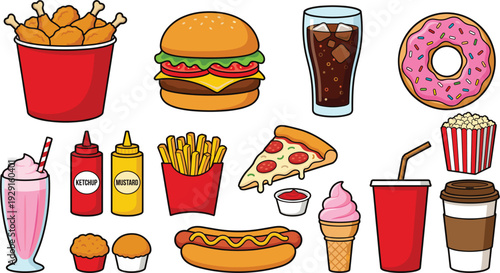 Cute Cartoon Fast Food Icons Vector Set with Fried Chicken Burger Fries Pizza Donut Milkshake Hotdog Popcorn Cola and Snacks for Restaurant Menu and Junk Food Designs