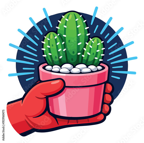 Cartoon illustration of a gloved hand holding a potted cactus depicting gardening for a hobby
