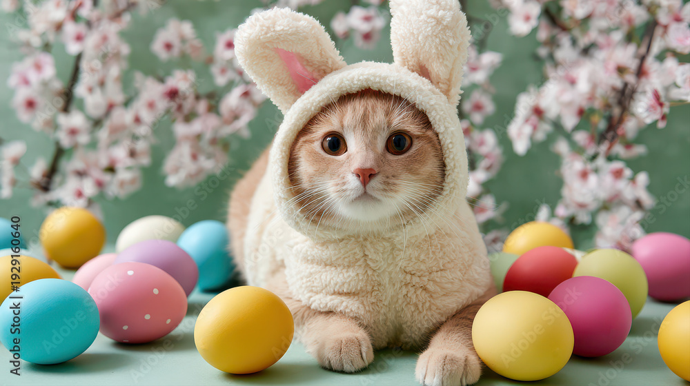 Fototapeta premium A charming ginger and white cat, comfortably nestled in a fluffy white bunny hat, lies surrounded by a vibrant assortment of colorful Easter eggs beneath blooming cherry blossoms.