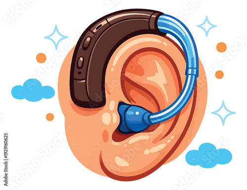 Cartoon illustration of a hearing aid depicting sound amplification for audiology and hearing health