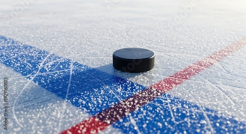 Black hockey puck on ice rink with blue and red lines isolated on outdoor background