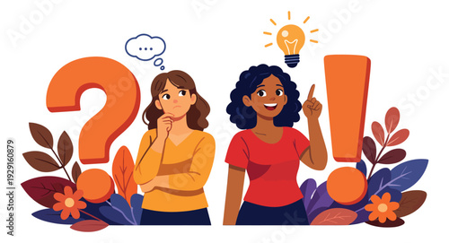 Flat cartoon illustration of two women depicting questioning and idea generation for problem solving and creative thinking