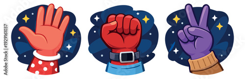 Cartoon graphic hand gesture set featuring an open palm, a strong fist, and a peace sign for expressive communication