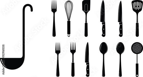 Kitchen Utensils Silhouette Vector Set with Ladle, Fork, Knife, Spoon, Whisk, and Spatula for Cooking, Restaurant, and Culinary Design Elements.