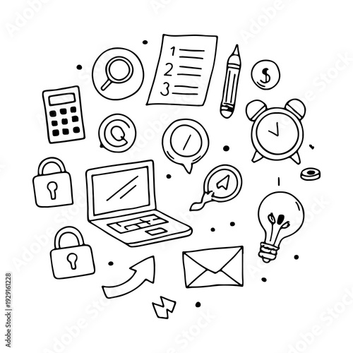Business Finance and Productivity Line Icons Set Hand Drawn Office Doodle Vector Collection