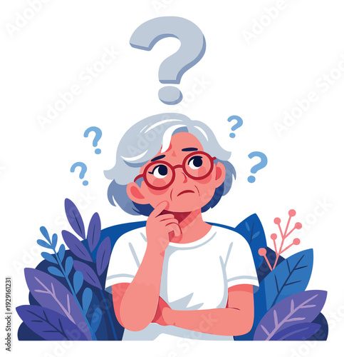 Flat design illustration of a senior woman depicting pondering a question for concepts of uncertainty