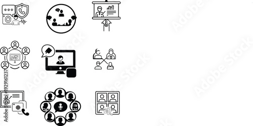 Online Meeting and Webinar Icons Set – Virtual Conference, Video Call, Business Training Vector Illustration