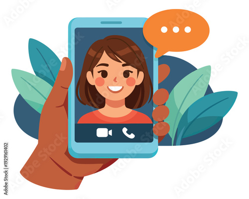 Modern illustration of a hand holding a smartphone depicting a woman on a video call with a speech bubble for online communication