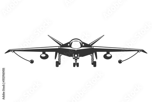 Vector illustrations MQ-25 unmanned aircraft in black and white color from ahead. Silhouette military drone design from front view. Monochrome drawing modern surveillance UAV.