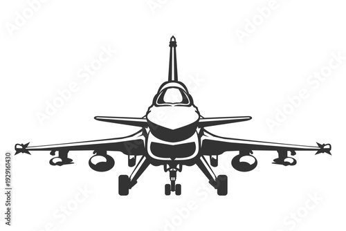 Vector illustrations J-10 fighter jet in black and white color from ahead. Monochrome drawing modern Chinese multirole combat aeroplane. Front view silhouette military aircraft design.