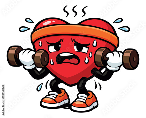 Cartoon illustration of heart character depicting lifting weights and sweating from exertion for health and fitness concepts