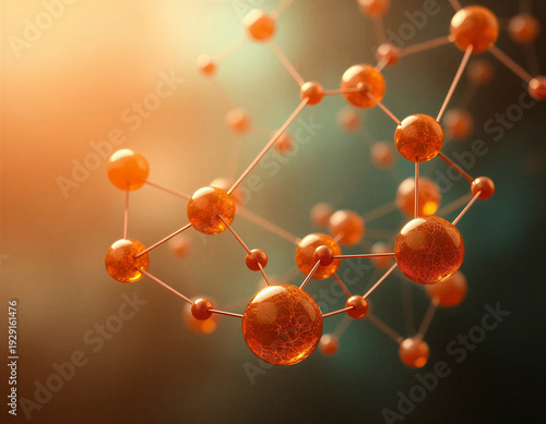 Translucent amber glass spheres connected by copper wireframe lines forming abstract network nodes. Volumetric fog, warm terracotta and teal gradient background, floating constellation composition