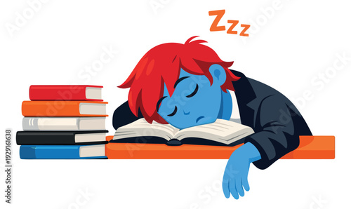 Modern style illustration of a tired student depicting sleeping on an open book for academic exhaustion