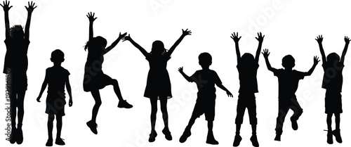 Children silhouettes jumping, dancing, raising arms, joyful playful kids showing happiness, energy, childhood fun, expressive movement illustration flat vector