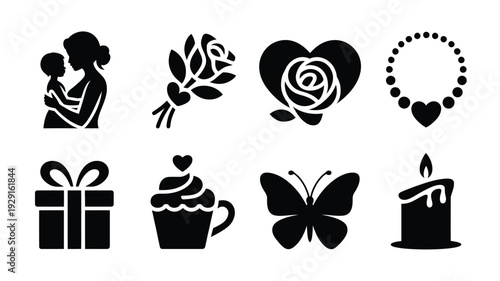 Elegant mother love silhouette logo collection with heart rose gift and candle icons on white background