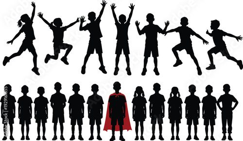 Children silhouettes standing and jumping in playful poses, individuality highlighted with red cape, joyful childhood activity illustration design flat vector