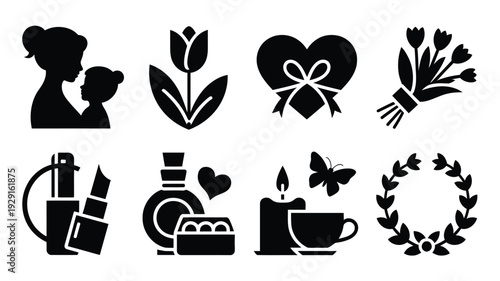 Mother's day romantic silhouette icons set black on white love and care symbols for greeting cards and gifts