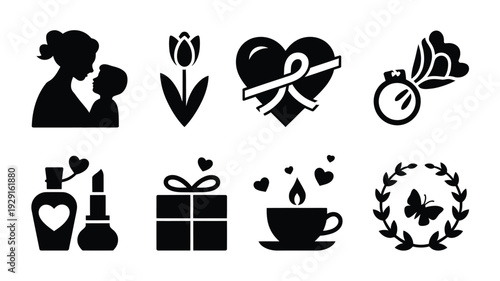 Mother's day romantic silhouette icons set black on white symbols for love gifts and affection
