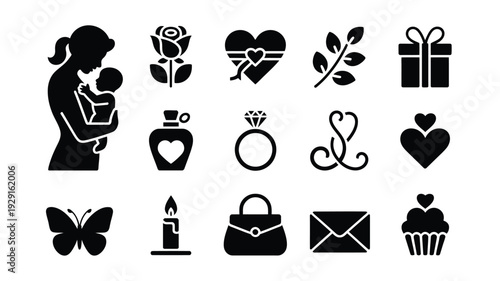 Mother's day love themed silhouette icons set including mother and child hearts gifts flowers and symbols of love and appreciation on white background