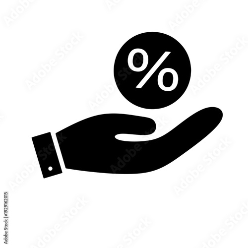 Black hand holding percentage symbol icon representing discount and financial interest concept